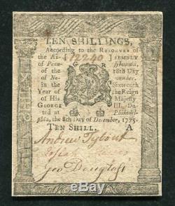 Pa-193 8 Décembre 1775 10s DIX Shillings Pennsylvanie Colonial Monnaie Unc