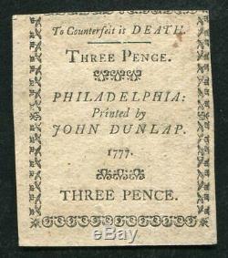 Pa-209 10 Avril 1777 3p Trois Pence Pennsylvanie Colonial Monnaie Note Unc