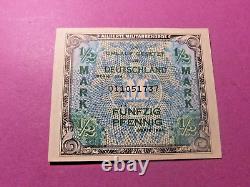 Rare 1944 Allemagne ALLIÉE WWII Devise 1/2 MARK Billet de banque AU55/UNC