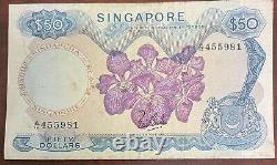 SINGAPOUR 50 DOLLARS P-5 UN BILLET DE MONNAIE RARE DE 1967 AVEC UNE ORCHIDÉE SANS SCEAU ROUGE EN TBE