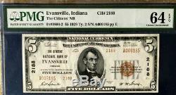 Série 1929 $ 5 Pmg64 Epq Choix Unc Nat Monnaie Citizens Nb Evansville Ty2