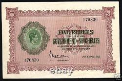 Seychelles 5 Roupies P-8 1942 Roi George VI Non circulé Rare Monnaie Britannique Note de Monnaie