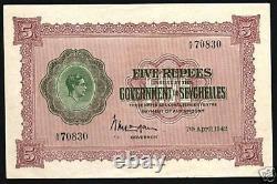 Seychelles 5 Roupies P-8 1942 Roi George VI Unc Rare British Currency Money Note