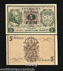 Suède 5 Kroner P41 1948 King Commemorative Unc Rare Currency Money Bank Note