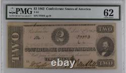 T-54 2 $1862 Billet de banque des États confédérés Monnaie de la guerre civile, PMG MS UNC 62
