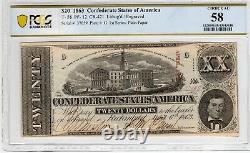 T-58 PF-12 1863 20 $ de papier confédéré PCGS-B choix presque unc 58 brillant