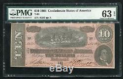 T-68 1864 10 $ Csa États Confédérés D'amérique Monnaie Remarque Pmg Unc-63epq (c)
