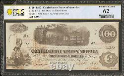 Unc 1862 $ 100 $ Bill Confédérate States Devise CIVIL Note De Guerre Argent T40 Pcgs 62