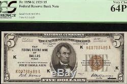 Unc 1929 Billet De 5 Dollars Frbn Dallas Fed Bank Note Monnaie En Dev 1850-k Pcgs 64 Ppq