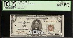 Unc 1929 Billet De 5 Dollars Frbn Dallas Fed Bank Note Monnaie En Dev 1850-k Pcgs 64 Ppq