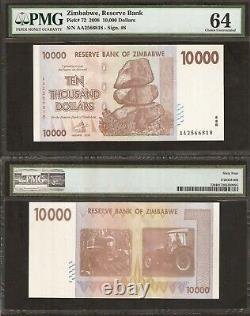 Zimbabwe 10000 DOLLARS P-72 2008 PMG 64 UNC Note de monnaie mondiale zimbabwéenne