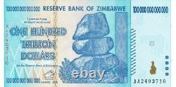 Zimbabwe 100 Billion Dollar - AA 2008 P91 billet de banque UNC consécutif 1 billet