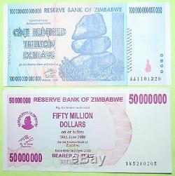 Zimbabwe 100 Dollars Monnaie 2008 Billion Aa Unc + Free 50 Millions Bill