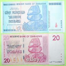 Zimbabwe 100 Milliards De Dollars En Devises 2008 Aa Unc + Billets De Banque Gratuits De 20 $