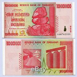 Zimbabwe 100 Millions De Dollars X 50 Pièces Aa 2008 P80 1/2 Liasse De Billets De Banque Unc