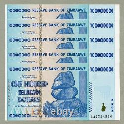 Zimbabwe 100 Trillion Dollars X 5 Pcs Aa 2008 P91 Notes De Change Consécutives Unc
