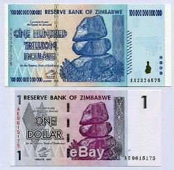 Zimbabwe 100 Trillions De Dollars En 2008 Et 1 Dollar En 2007 P91 P65 Billets De Banque Unc