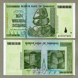 Zimbabwe 10 Trillion Dollars X 5 Pcs Aa 2008 P88 Factures Monétaires Consécutives Unc