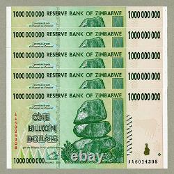 Zimbabwe 1 Milliard De Dollars X 5 Pcs Aa 2008 P83 Billets De Change Consécutifs Unc