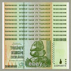 Zimbabwe 20 Milliards De Dollars X 10 Pcs Aa 2008 P86 Factures Monétaires Consécutives De L’unc