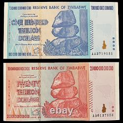 Zimbabwe 20 et 100 Trillion Dollar Billet de Banque Argent UNC Monnaie Hyperinflation
