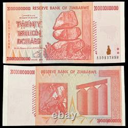 Zimbabwe 20 et 100 Trillion Dollar Billet de Banque Argent UNC Monnaie Hyperinflation