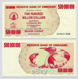 Zimbabwe 500 Millions De Dollars X 100 Pièces Ac 2008 P60 Lot Complet Factures De Change Unc