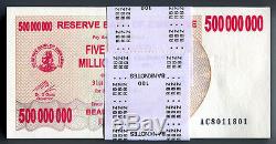 Zimbabwe 500 Millions De Dollars X 50 Pièces Ac 2008 P60 1/2 Liasse De Billets De Banque Unc