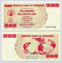Zimbabwe 500 millions de dollars x 50 pcs AC 2008 P60 Liasses de 1/2 UNC billets de monnaie