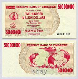 Zimbabwe 500 millions de dollars x 50 pièces AC 2008 P60 1/2 liasse de billets de monnaie UNC